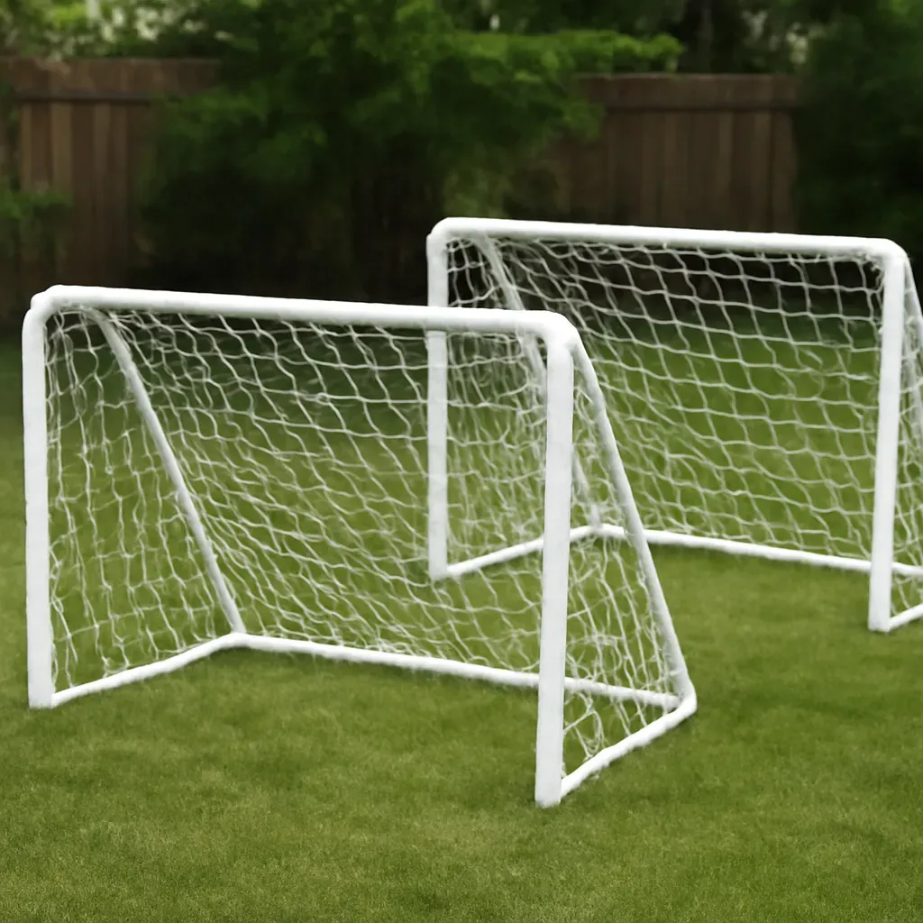 AI-generated editorial product photograph (not the exact linked listing) of portable soccer goal set for backyard