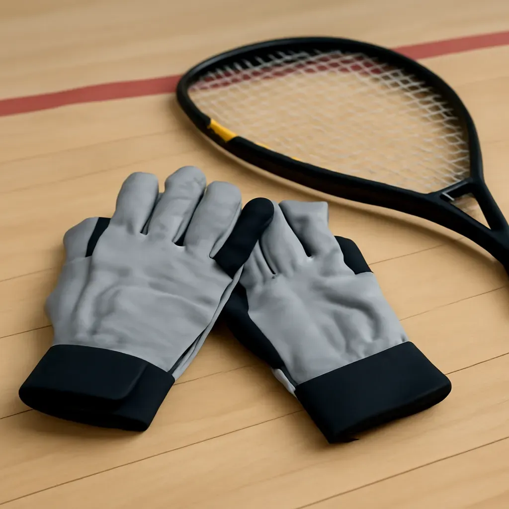 AI-generated editorial product photograph (not the exact linked listing) of racquetball protective gloves