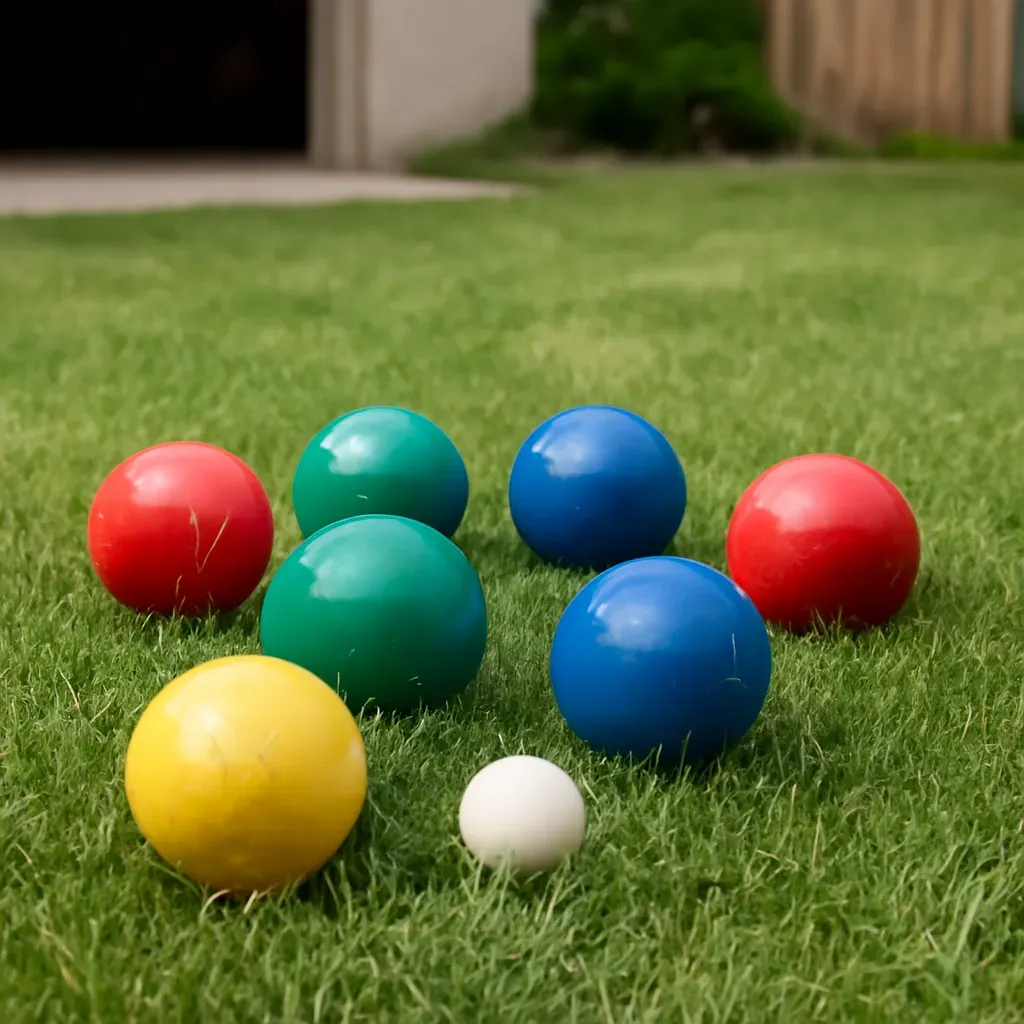 AI-generated editorial product photograph (not the exact linked listing) of recreational bocce ball set (resin)