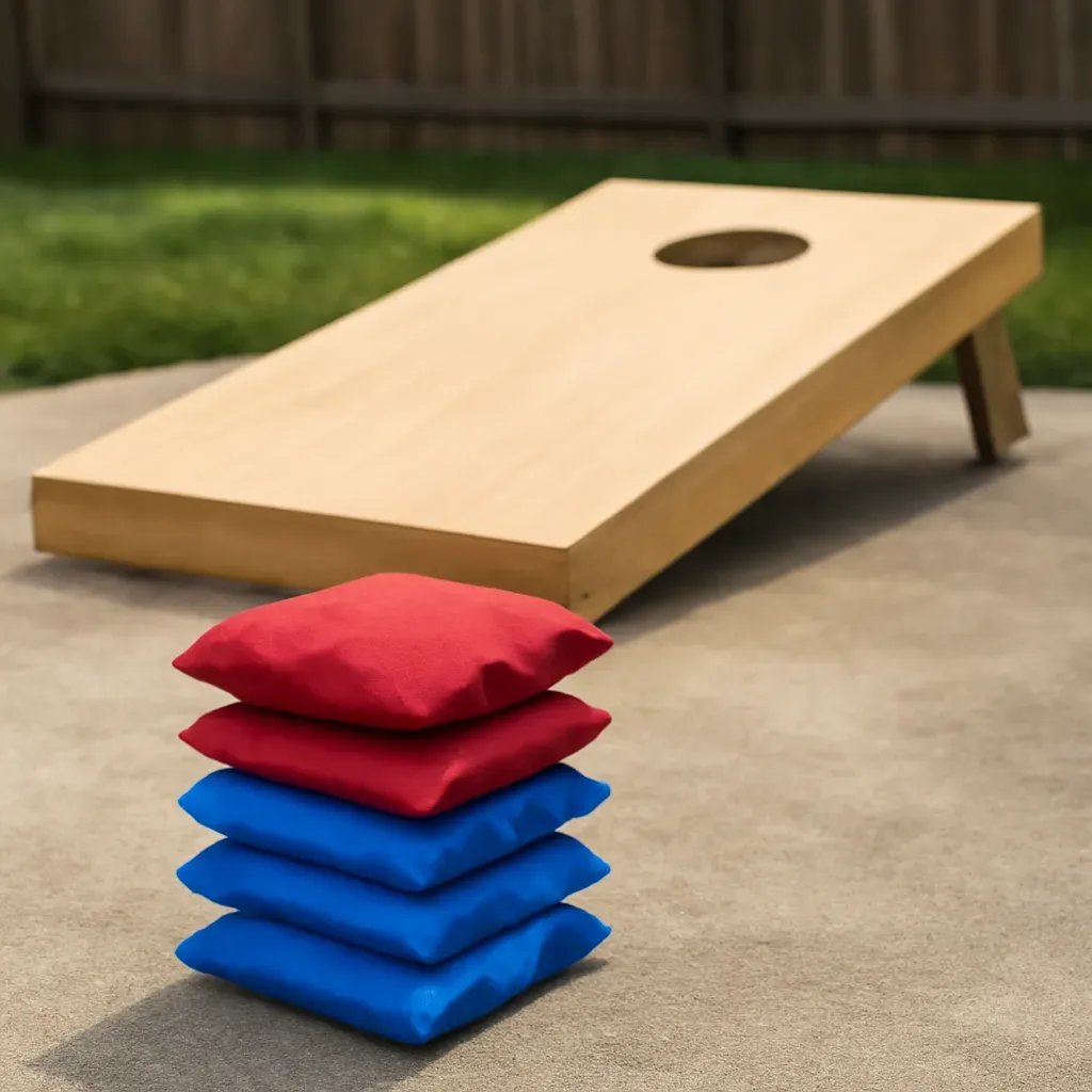 AI-generated editorial product photograph (not the exact linked listing) of recreational cornhole bag set