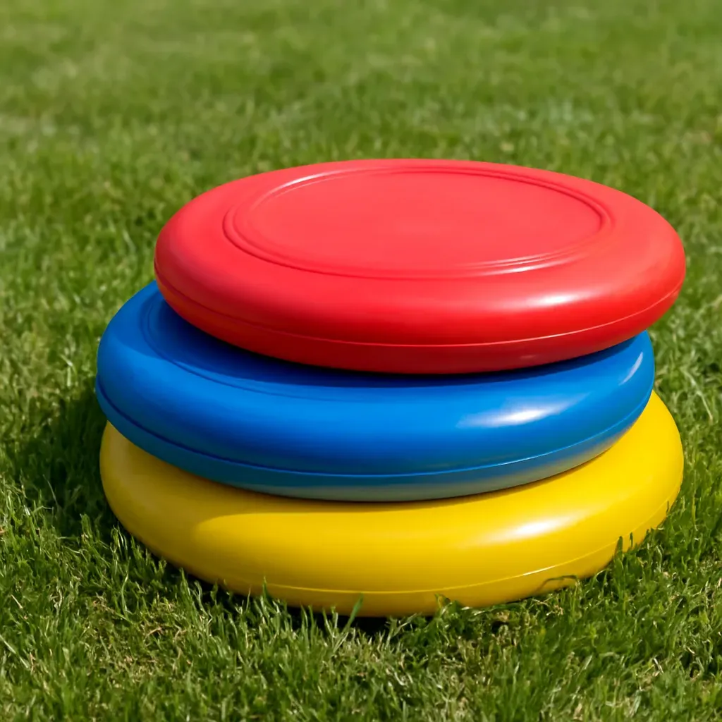 AI-generated editorial product photograph (not the exact linked listing) of recreational flying disc set (non-golf)