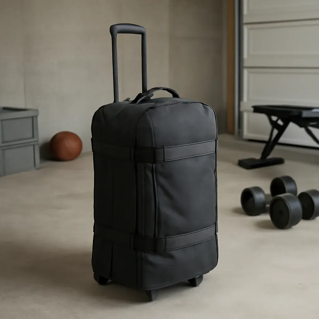 AI-generated editorial product photograph (not the exact linked listing) of rolling equipment bag with wheels