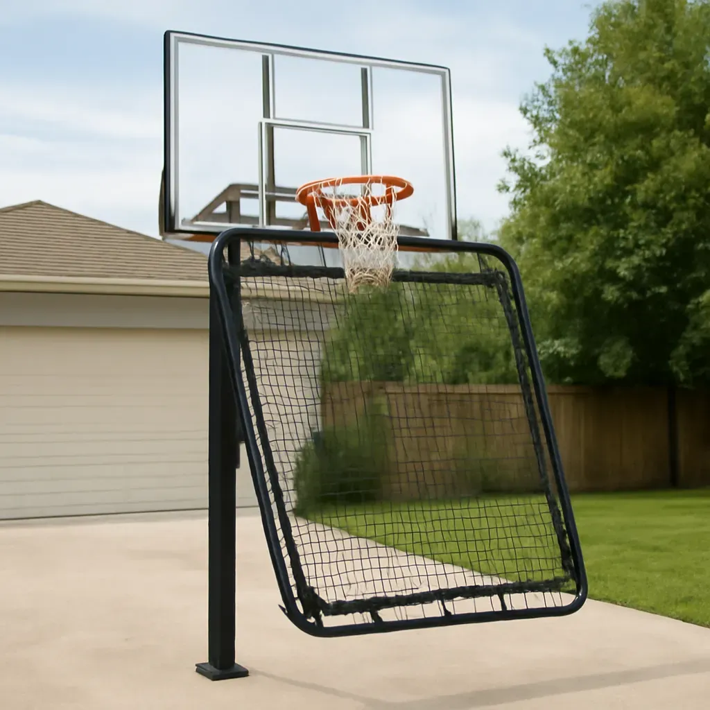 AI-generated editorial product photograph (not the exact linked listing) of shooting practice rebounder attachment