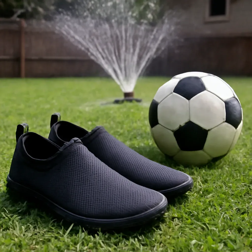 AI-generated editorial product photograph (not the exact linked listing) of slip-on water/turf shoes for mixed outdoor play