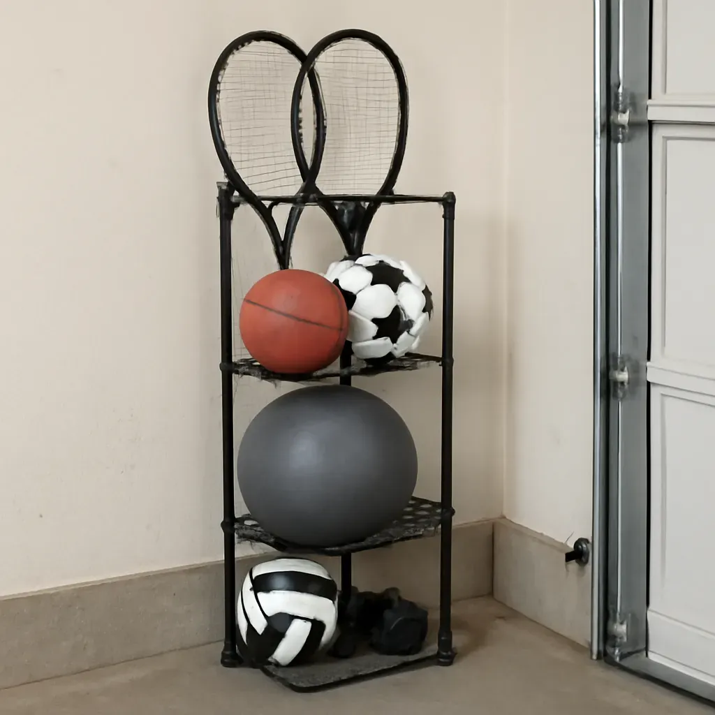 AI-generated editorial product photograph (not the exact linked listing) of small-space corner equipment organizer