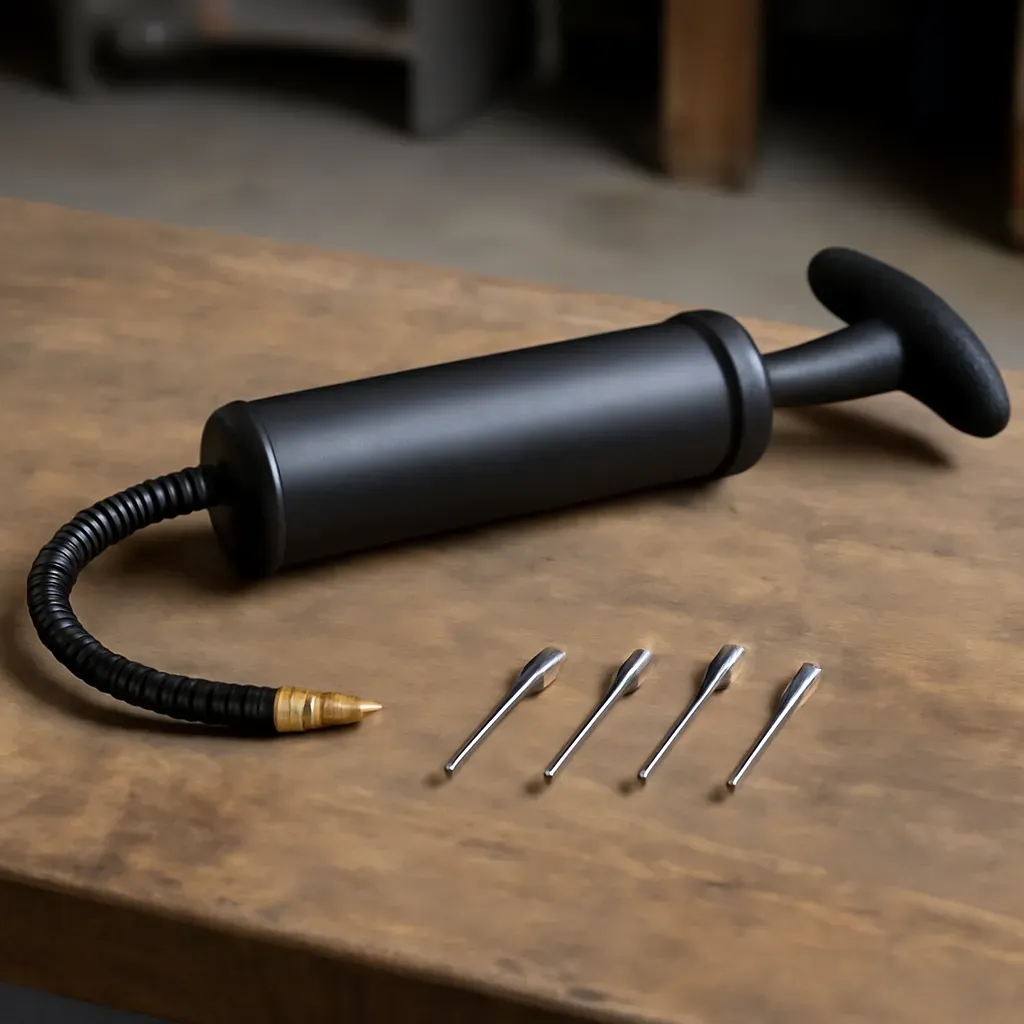 AI-generated editorial product photograph (not the exact linked listing) of sports ball inflation pump and needle combo kit