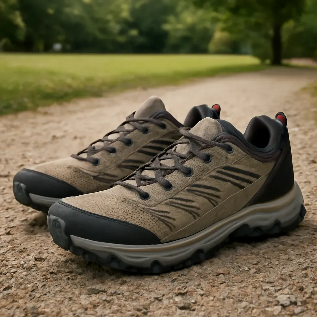 AI-generated editorial product photograph (not the exact linked listing) of trail-ready outdoor recreation shoes