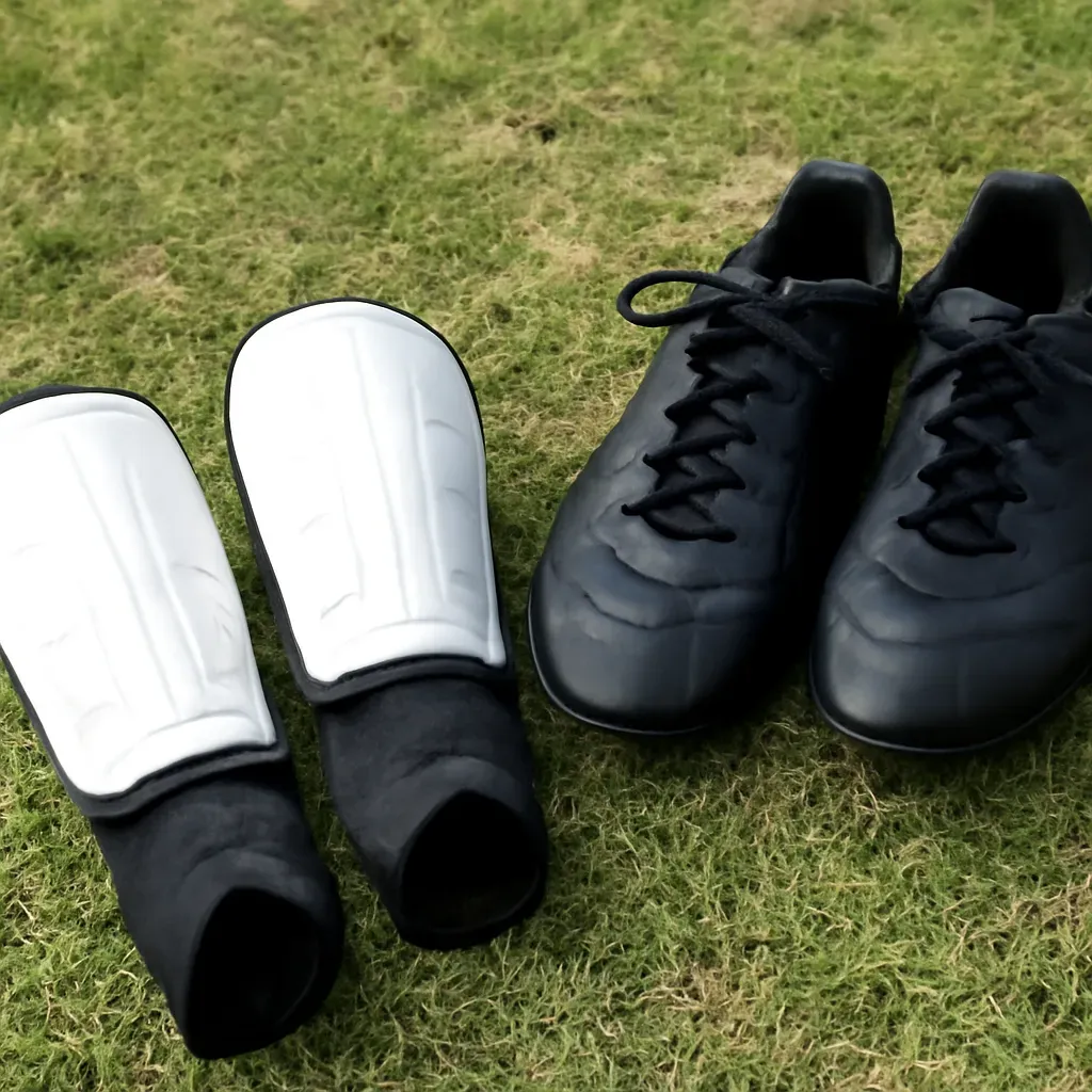 AI-generated editorial product photograph (not the exact linked listing) of youth shin guards (soccer)